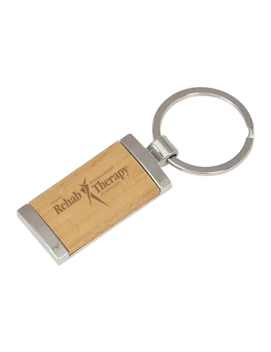 Wood & Silver Rectangle Keychain w/Sports Rehab Logo