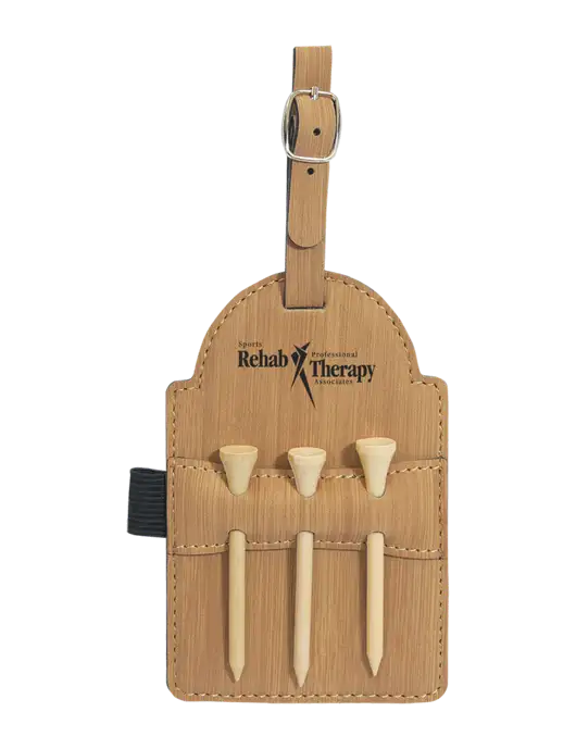 Bamboo Leatherette Golf Bag Tag with 3 Wooden Tees w/Sports Rehab Logo