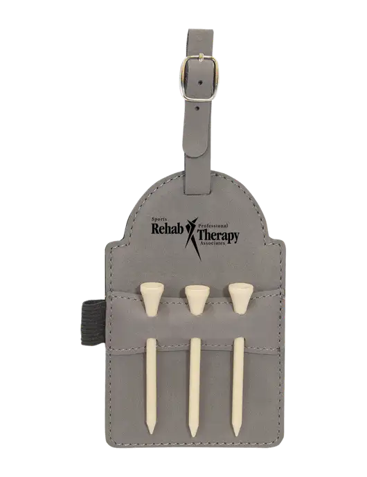 Grey Leatherette Golf Bag Tag with 3 Wooden Tees w/Sports Rehab Logo