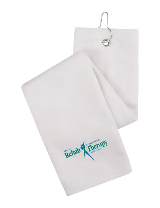 White Tri-Fold Golf Towel with Grommet w/Sports Rehab Logo