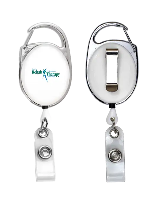 White Carabiner Style Badge Reel and Badge Holder w/Sports Rehab Logo